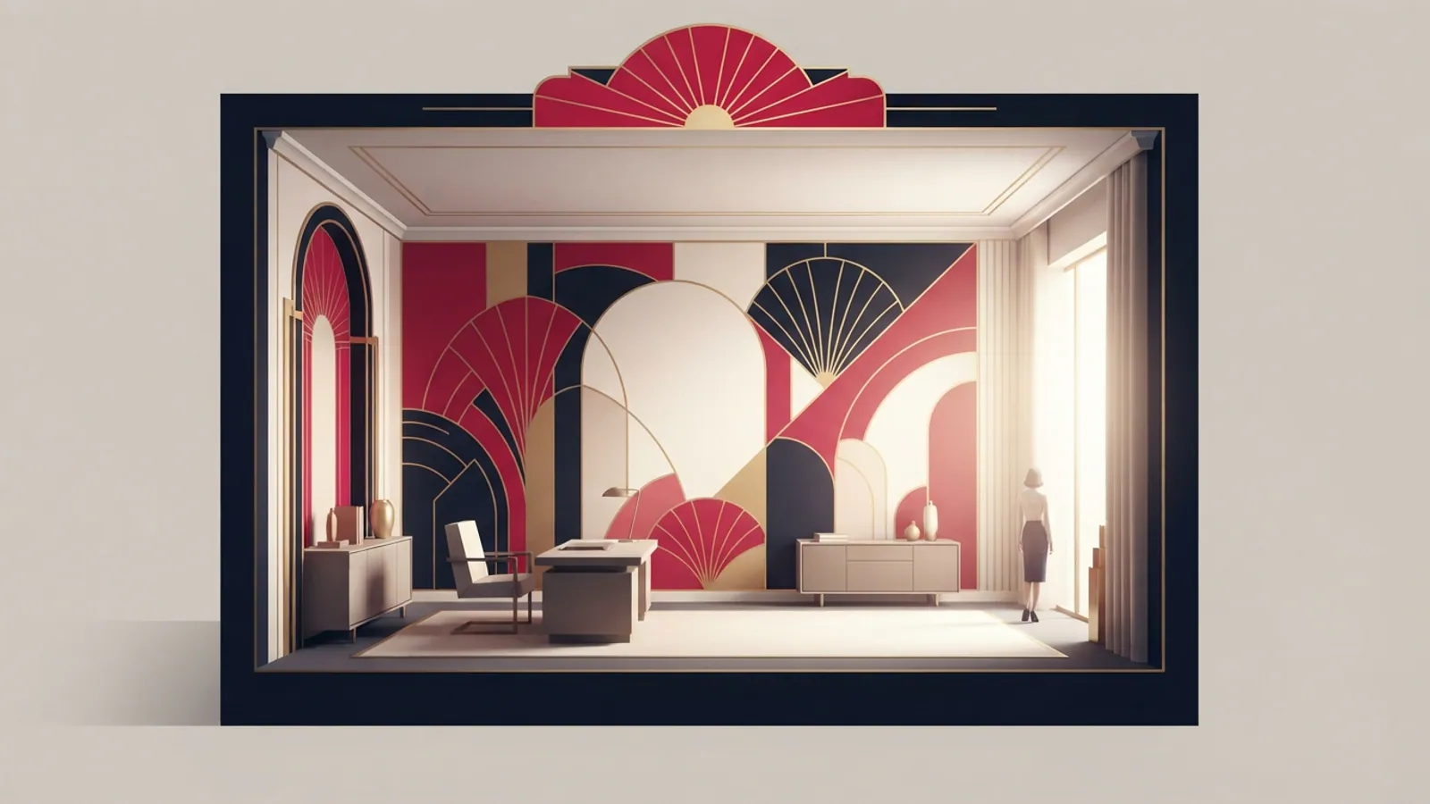 A cutaway view of a minimalist office interior within a shophouse, with natural light.