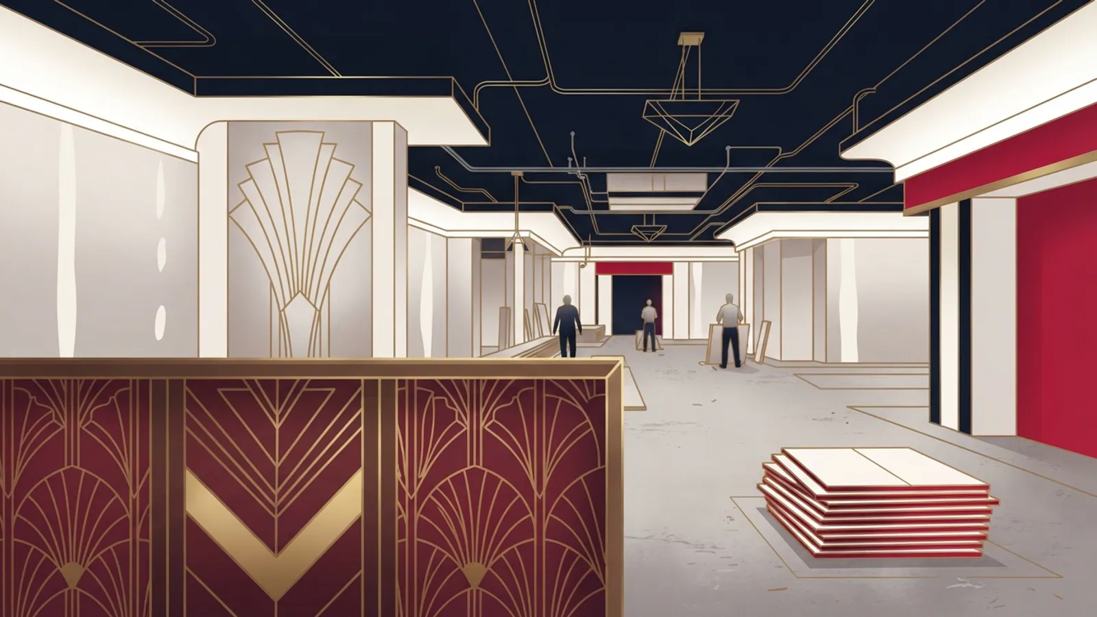 An interior view of a commercial space under construction with drywalls and floor tiles.