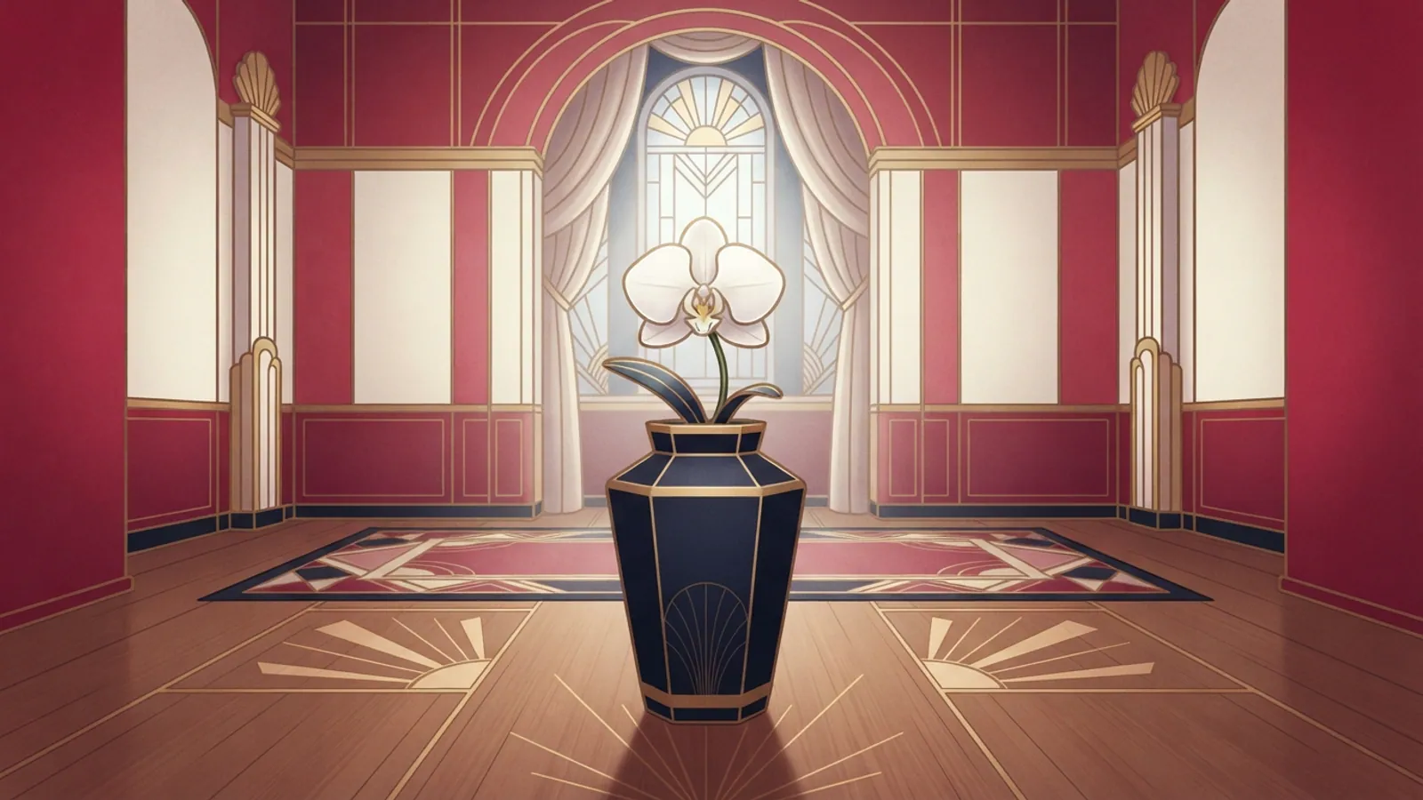 A serene room featuring a single white orchid in a decorative vase on a patterned wooden floor.
