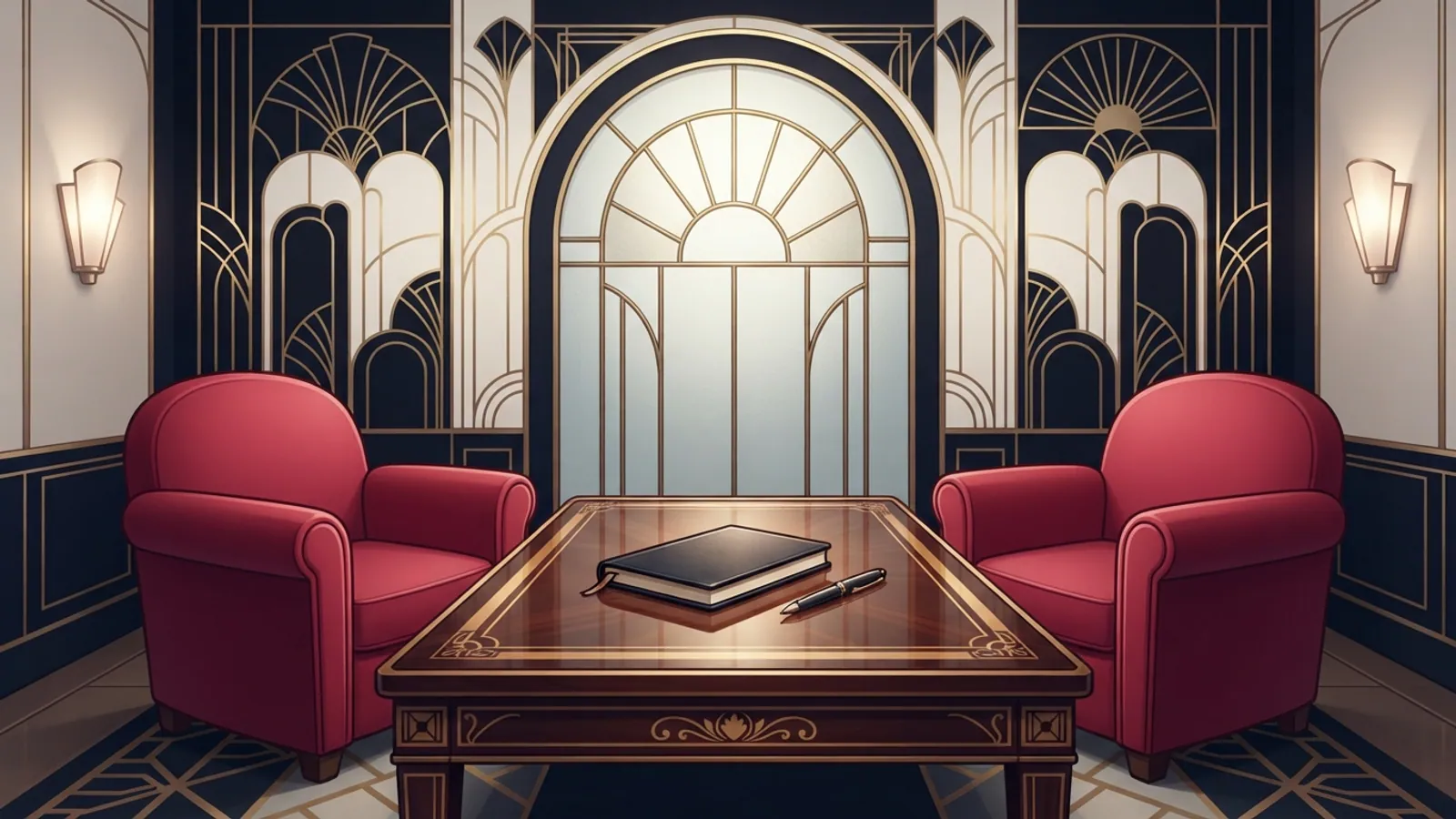 An empty consultation room with two red armchairs and a closed notebook on a table.