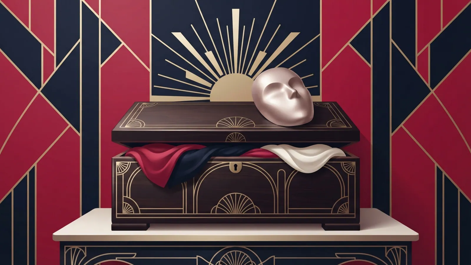 A still life of a slightly open wooden chest with fabrics, and a plain mask on top.
