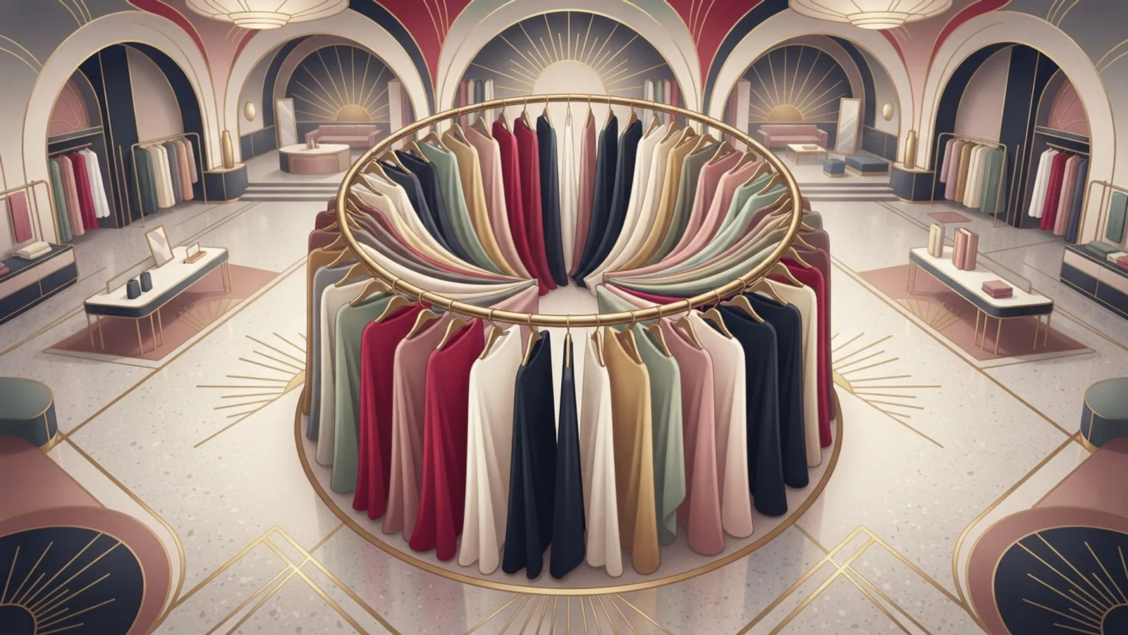 An overhead view of a circular rack displaying various solid-colored fabrics on hangers.