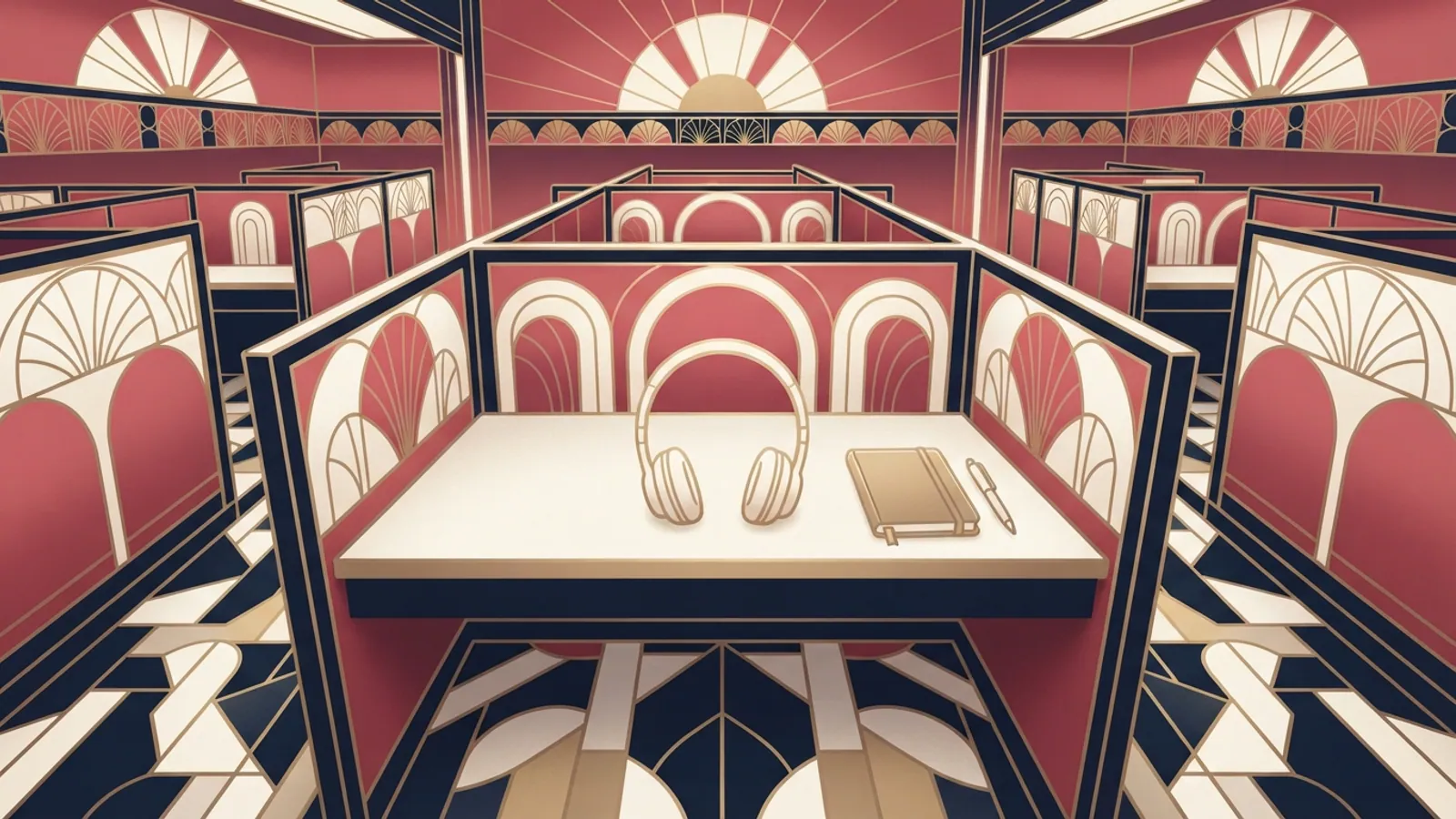 An empty office cubicle with a headset, a closed notebook, and a pen.