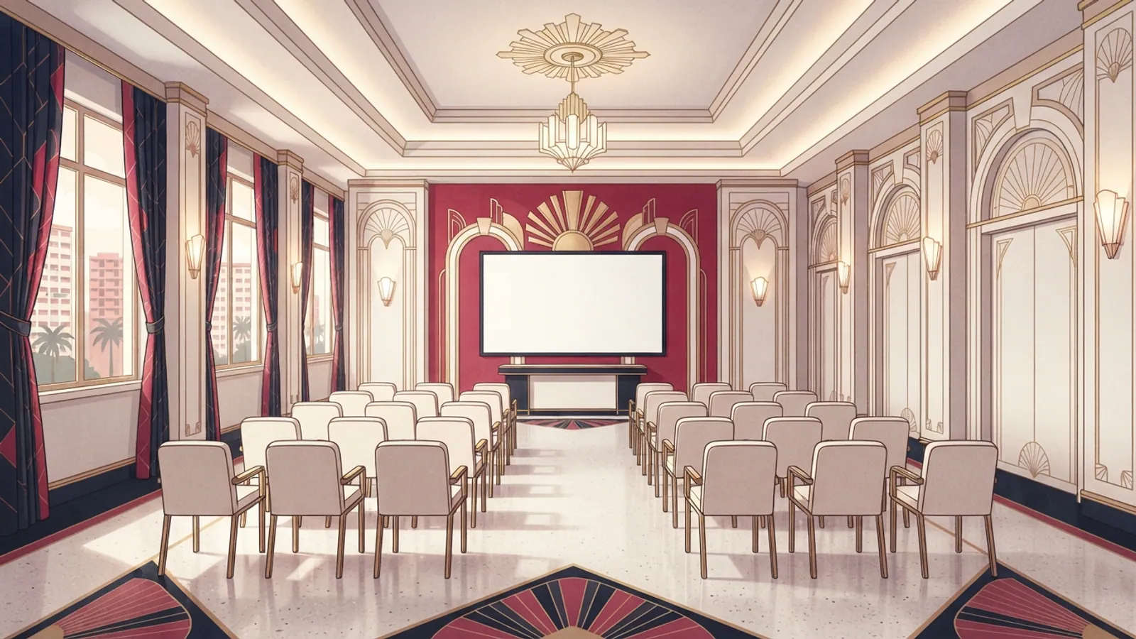 An empty presentation room with a large white board and neat rows of chairs.