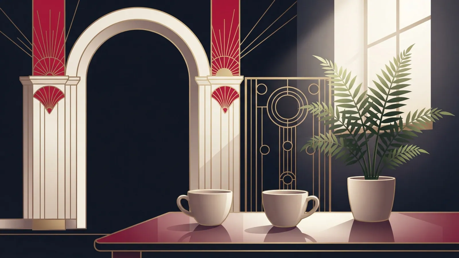 A discreet corner with two ceramic tea cups, a table, and a potted fern.