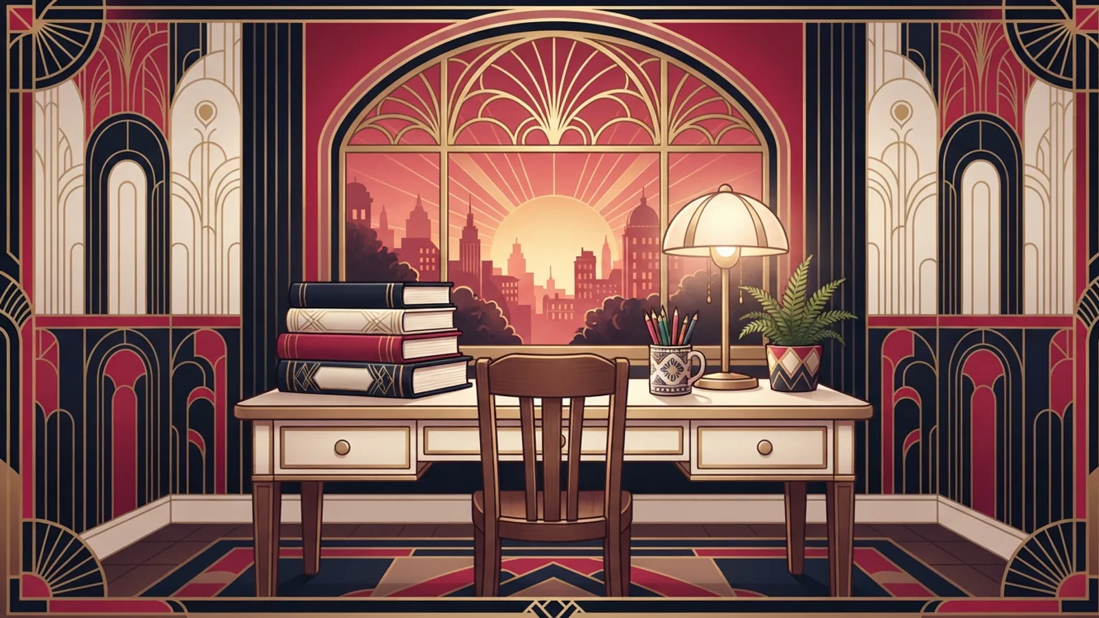 A study desk with a stack of closed hardcover books, a reading lamp, a mug of pencils, and a small potted plant.