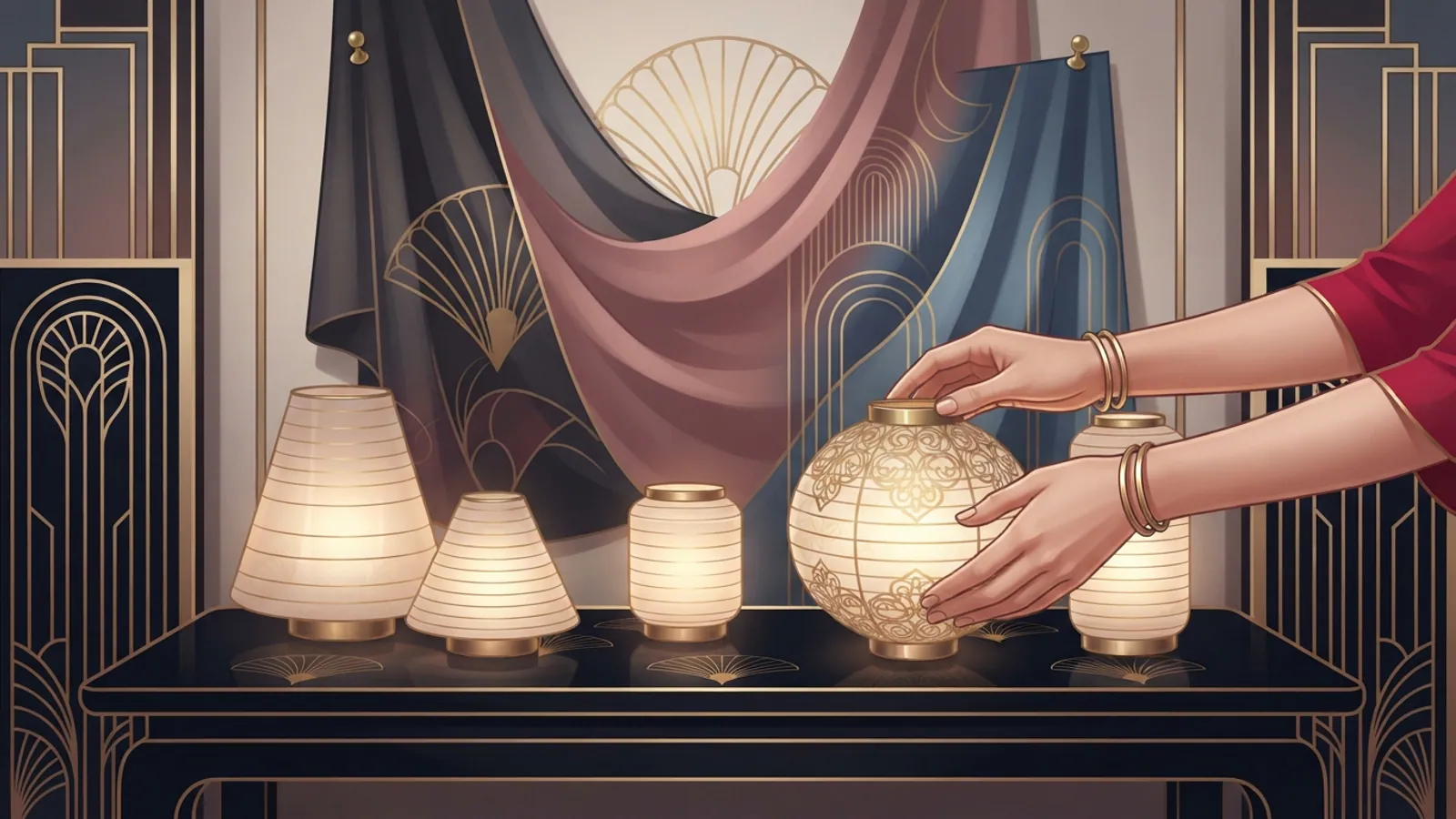Hands arranging paper lanterns, with abstract fabric drapes pinned behind them.