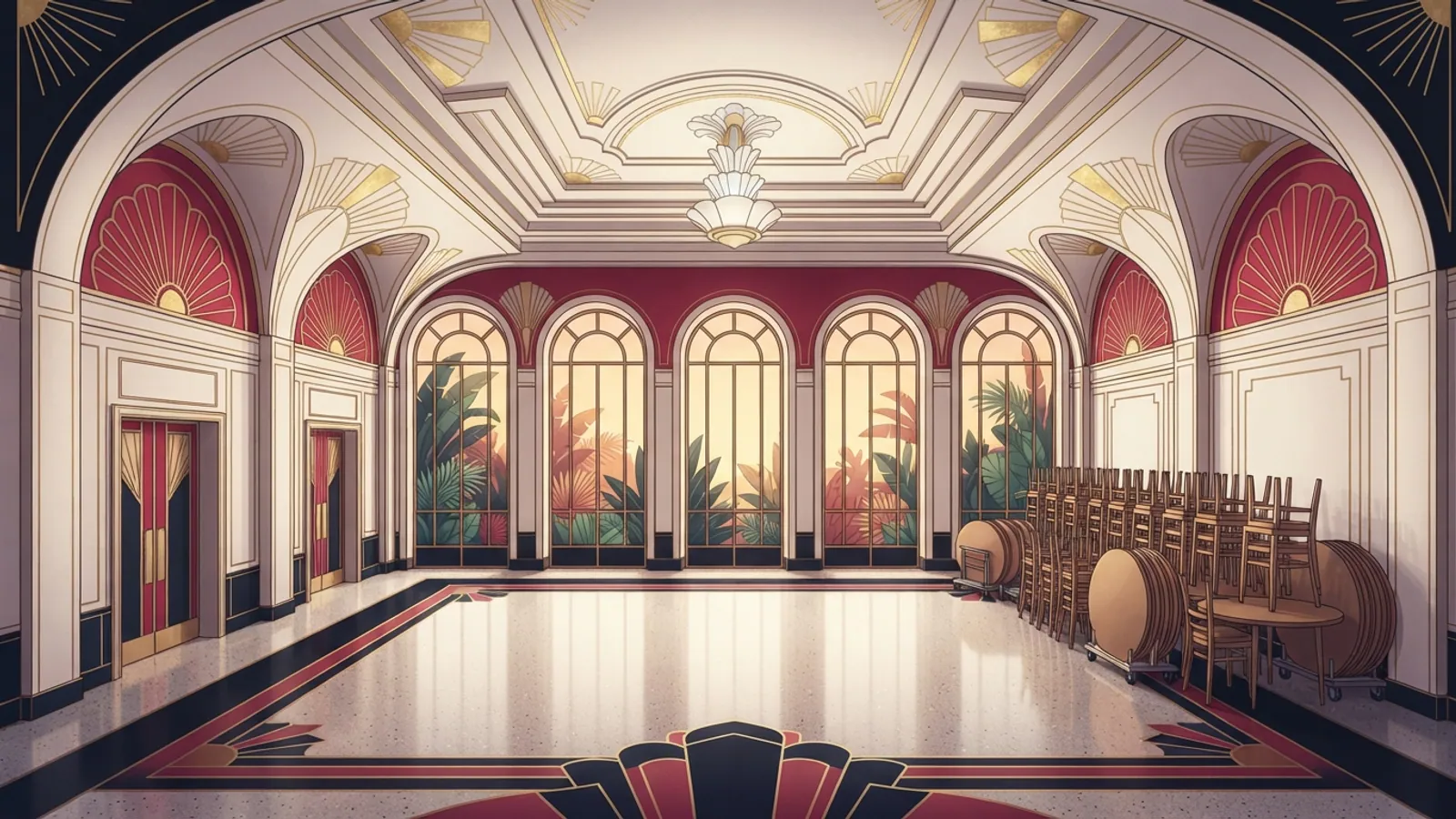 An empty communal space with tall windows, stacked chairs, and round tables.