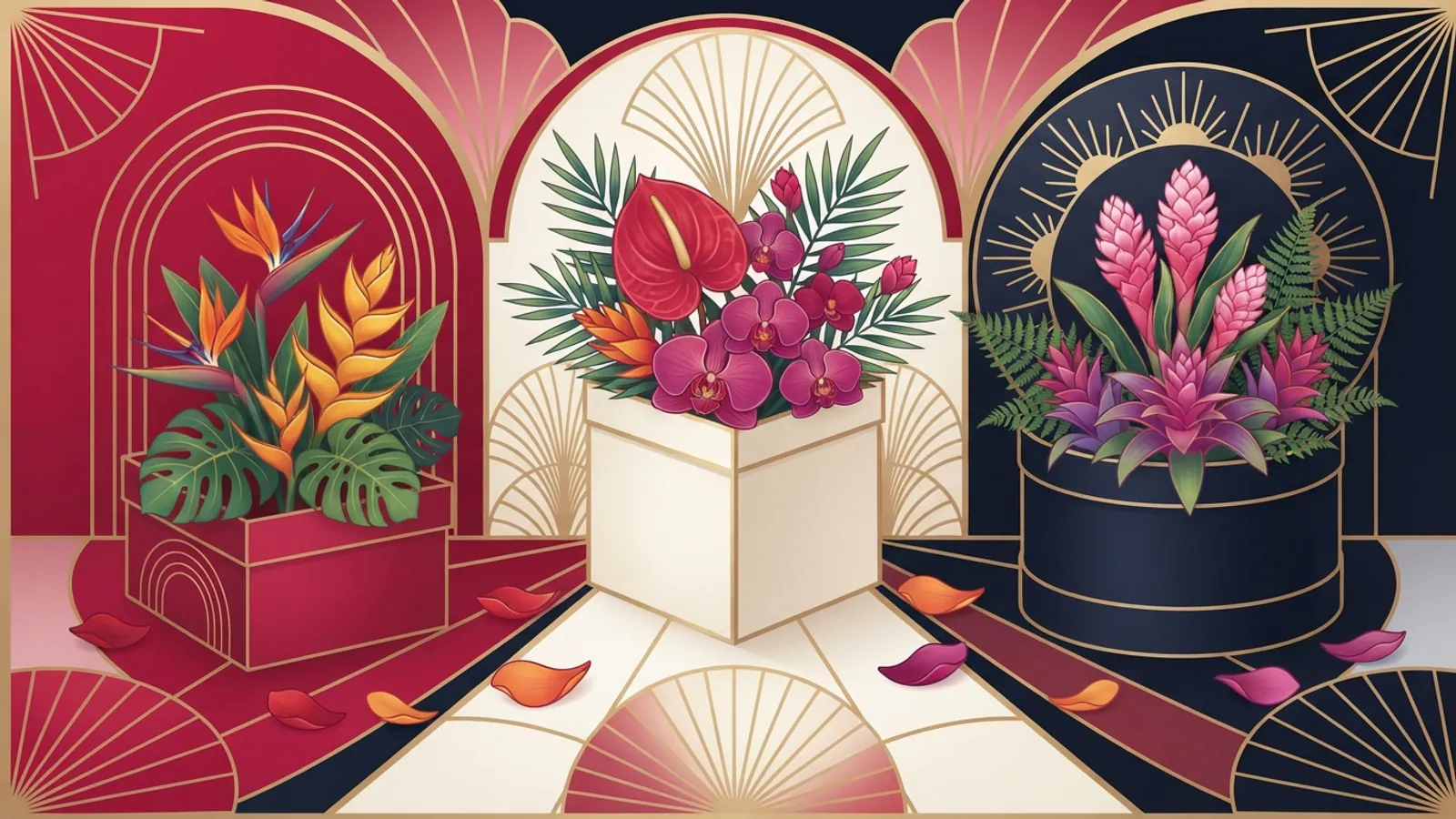 Three decorative boxes filled with vibrant tropical flower blossoms and scattered petals.