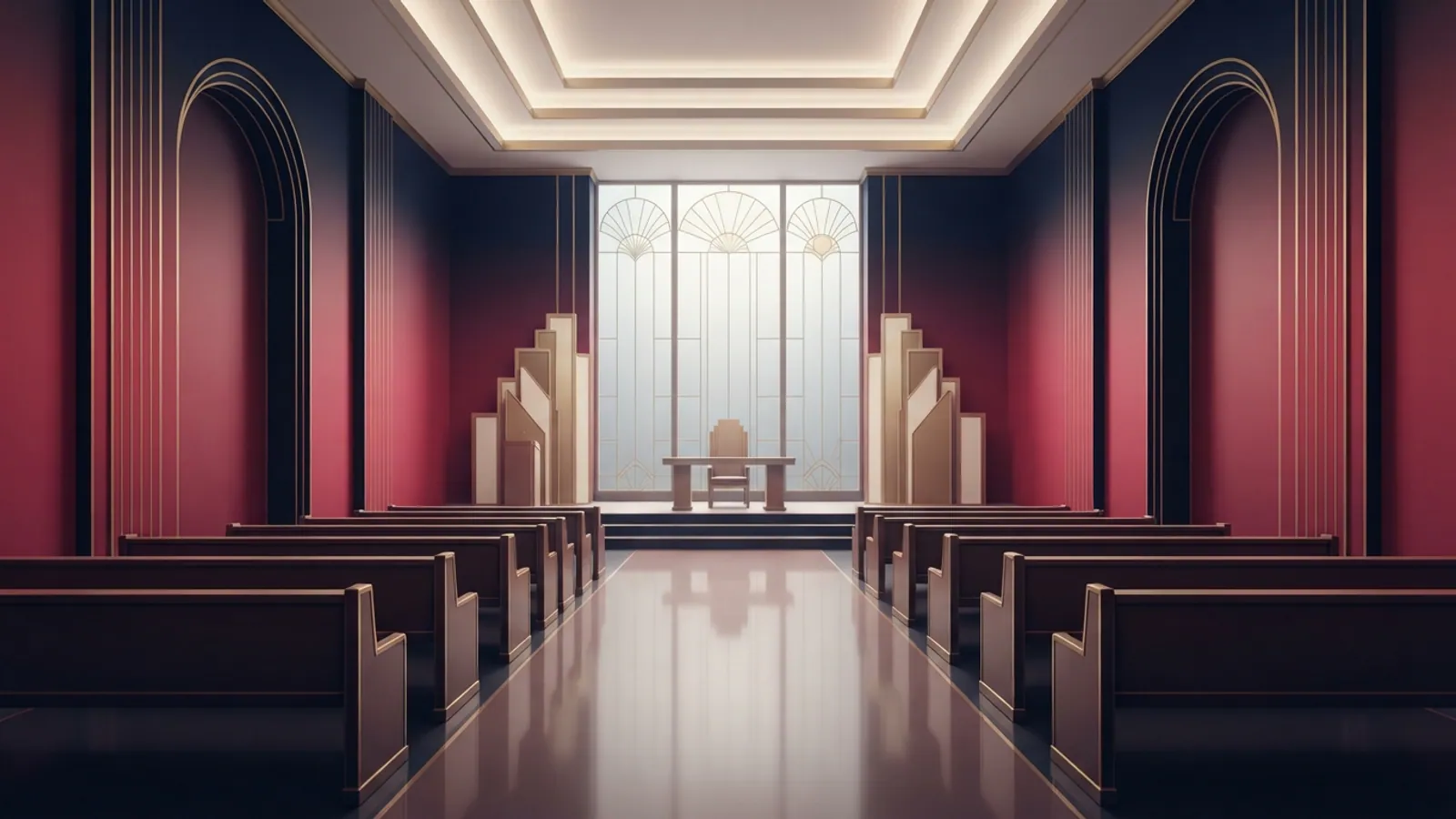 An empty, dignified chapel with wooden benches and a raised dais.