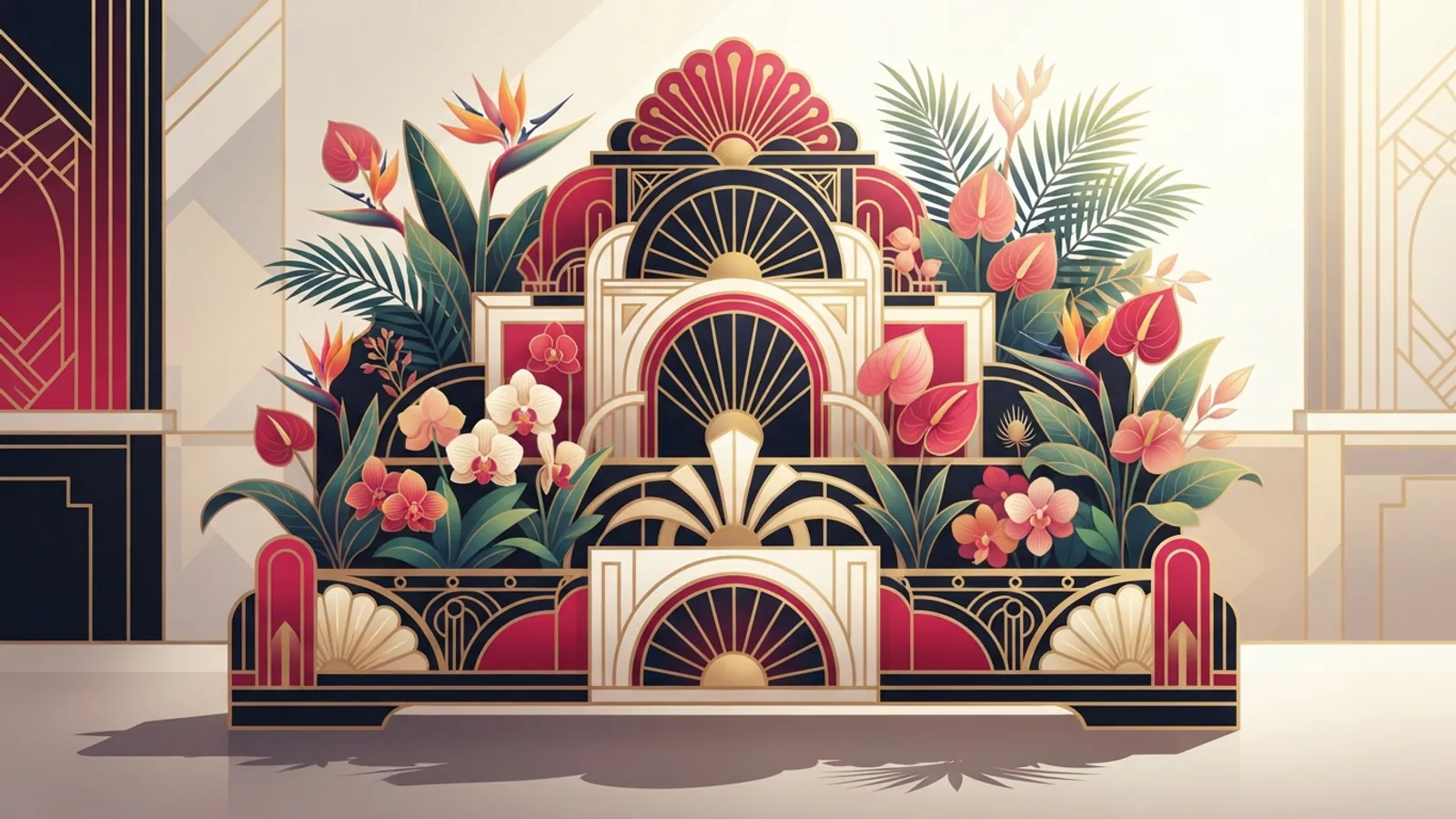 A vibrant, unlabelled flower stand intricately designed with tropical blooms.