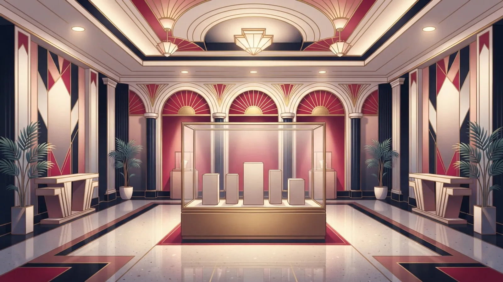 An Art Deco illustration of an empty, elegant room with a glass display case.