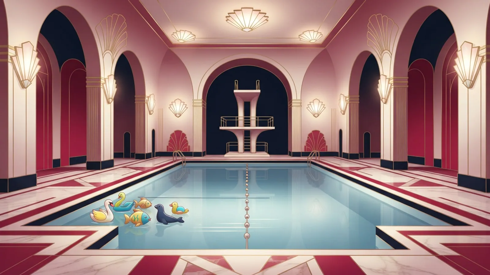 An indoor swimming pool with a diving board and floating animal toys.