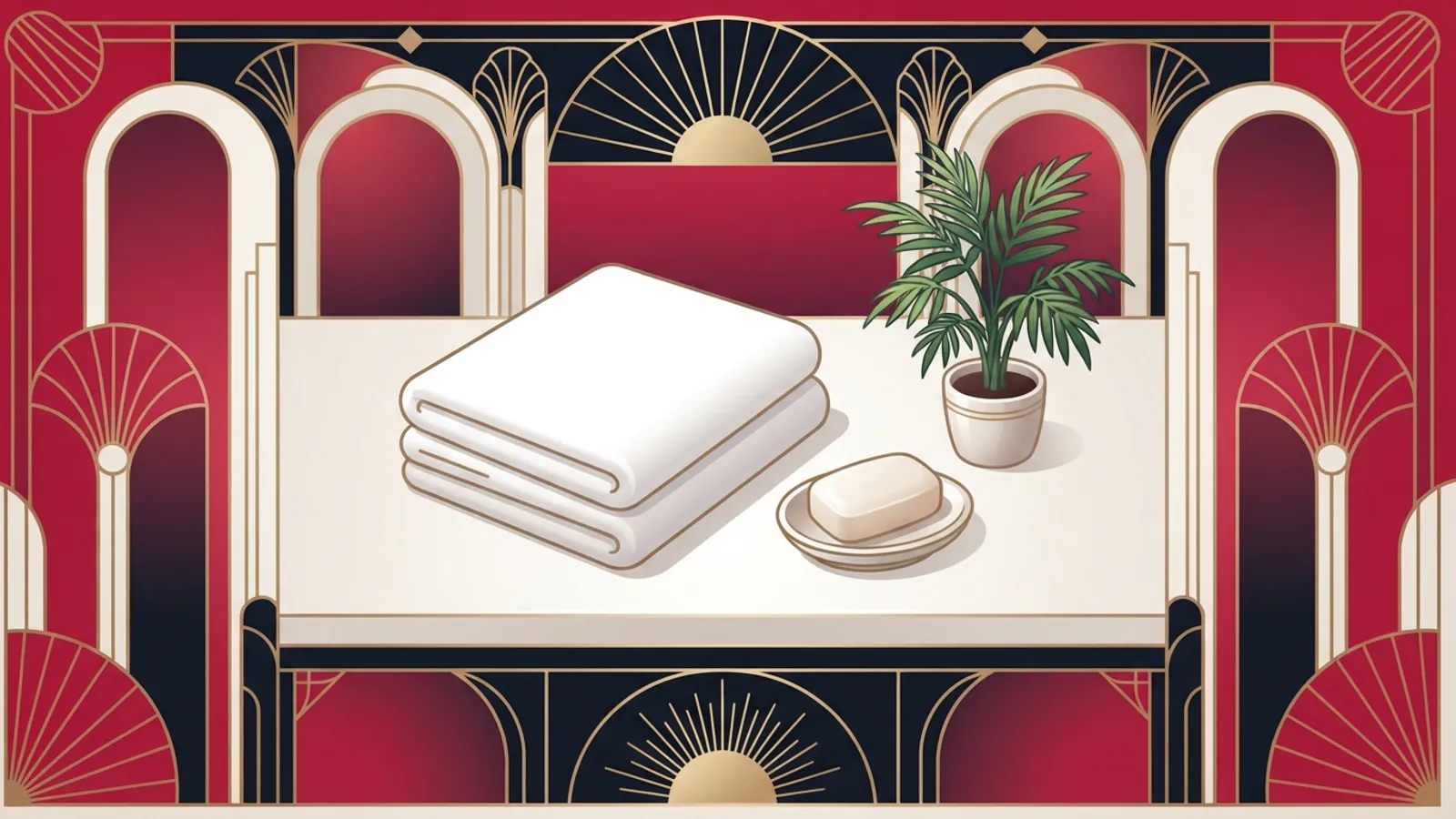 Neatly folded white towels, a bar of soap on a dish, and a potted plant are on a surface.