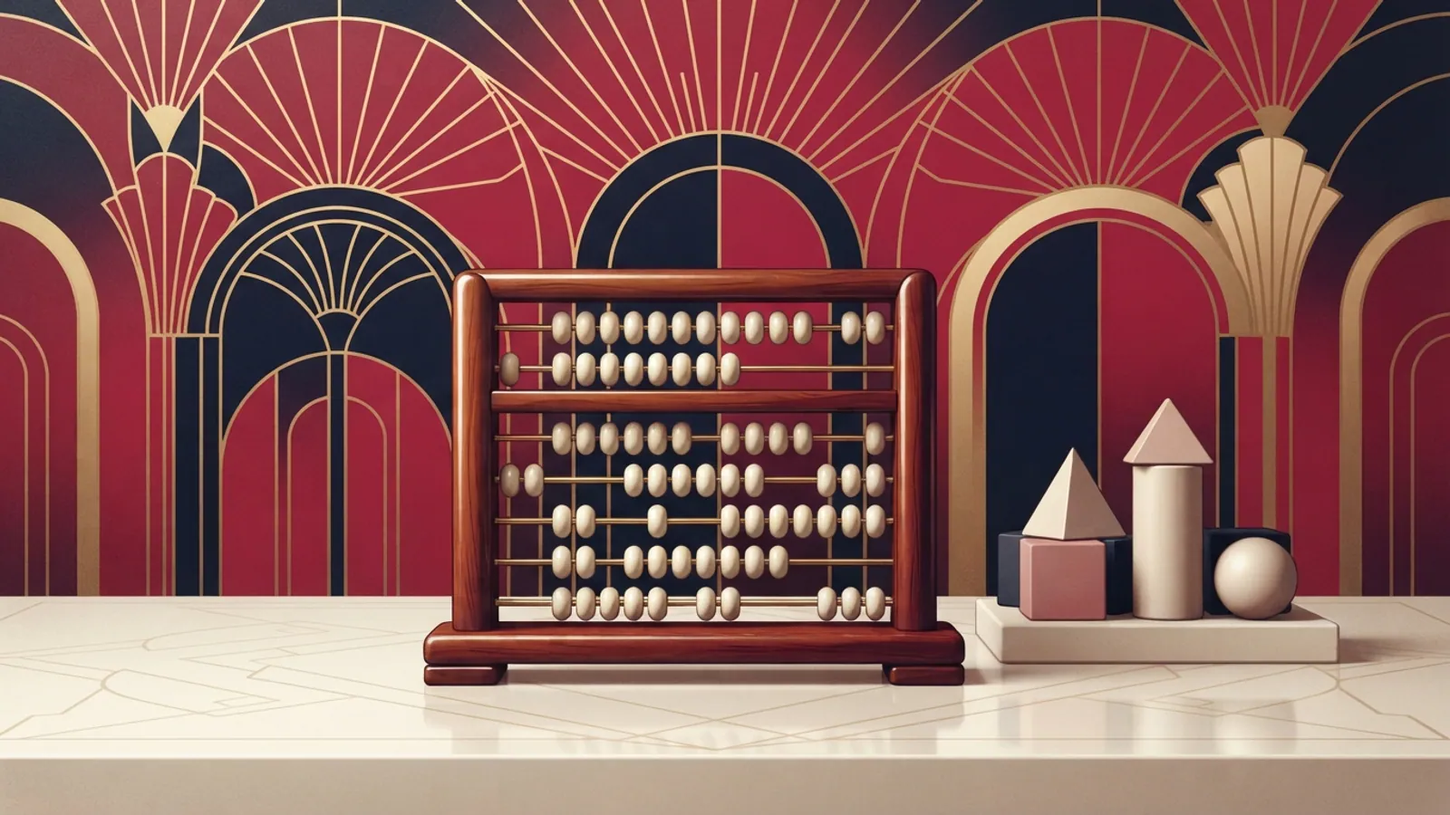 A close-up of a wooden abacus with plain geometric blocks on a table.