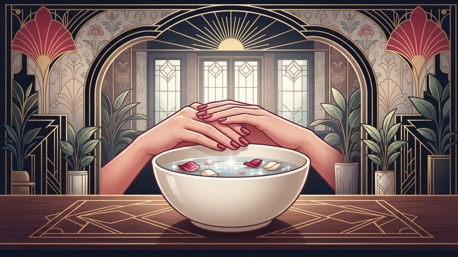 A close-up of hands soaking in a ceramic bowl with flower petals.