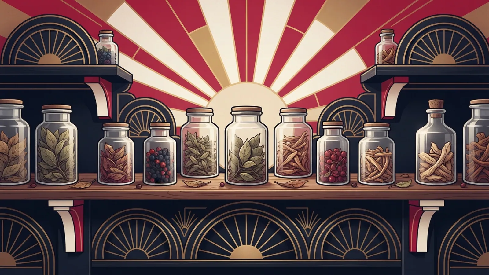 A close-up of unlabelled glass jars with botanical ingredients on tiered shelves.