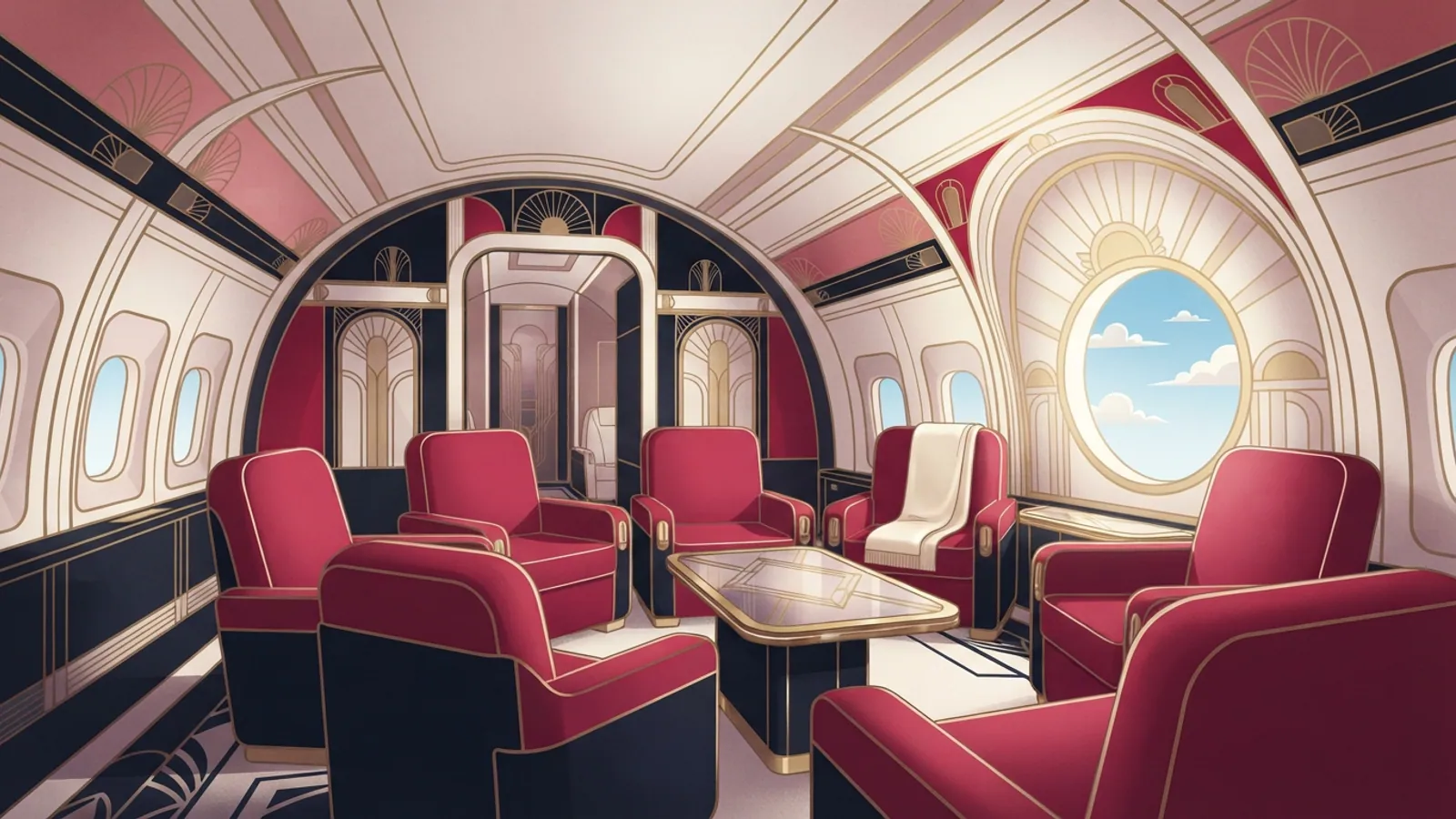 A luxurious, empty private jet cabin with plush seating and a large circular window showing a blue sky.