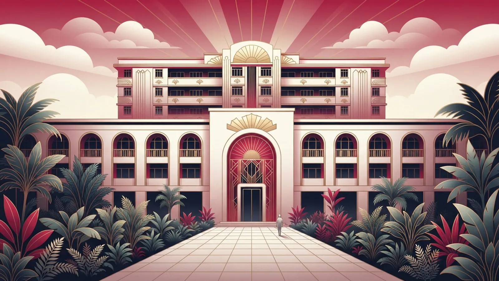 A meticulously maintained building entrance with lush tropical plants and a clean paved walkway.