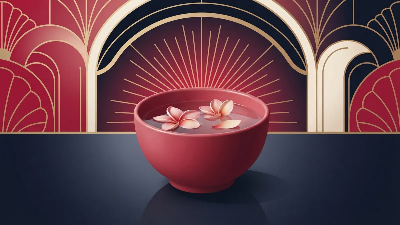 A smooth ceramic bowl with clear liquid and delicate flower petals on a polished table.