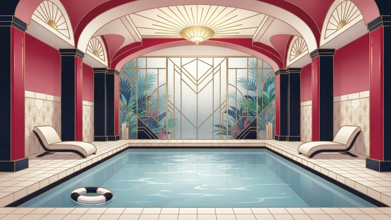 An indoor swimming pool with clear water, a plain floating ring, and tropical plants visible through a glass partition.
