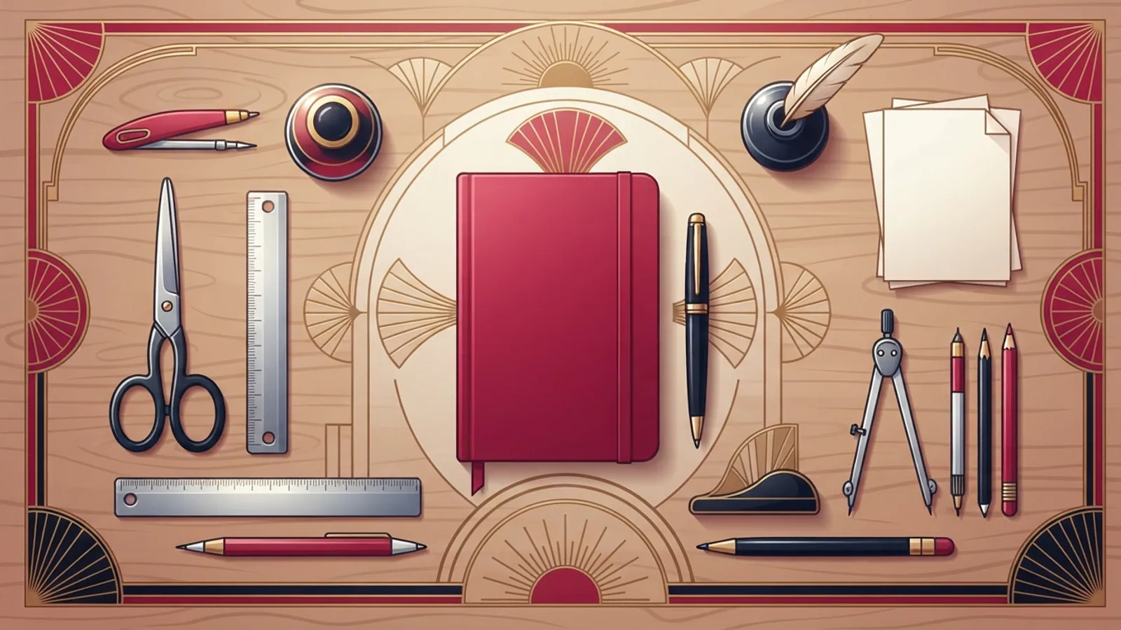 A wooden desk with a closed red notebook, a pen, and various plain, unlabelled craft tools.
