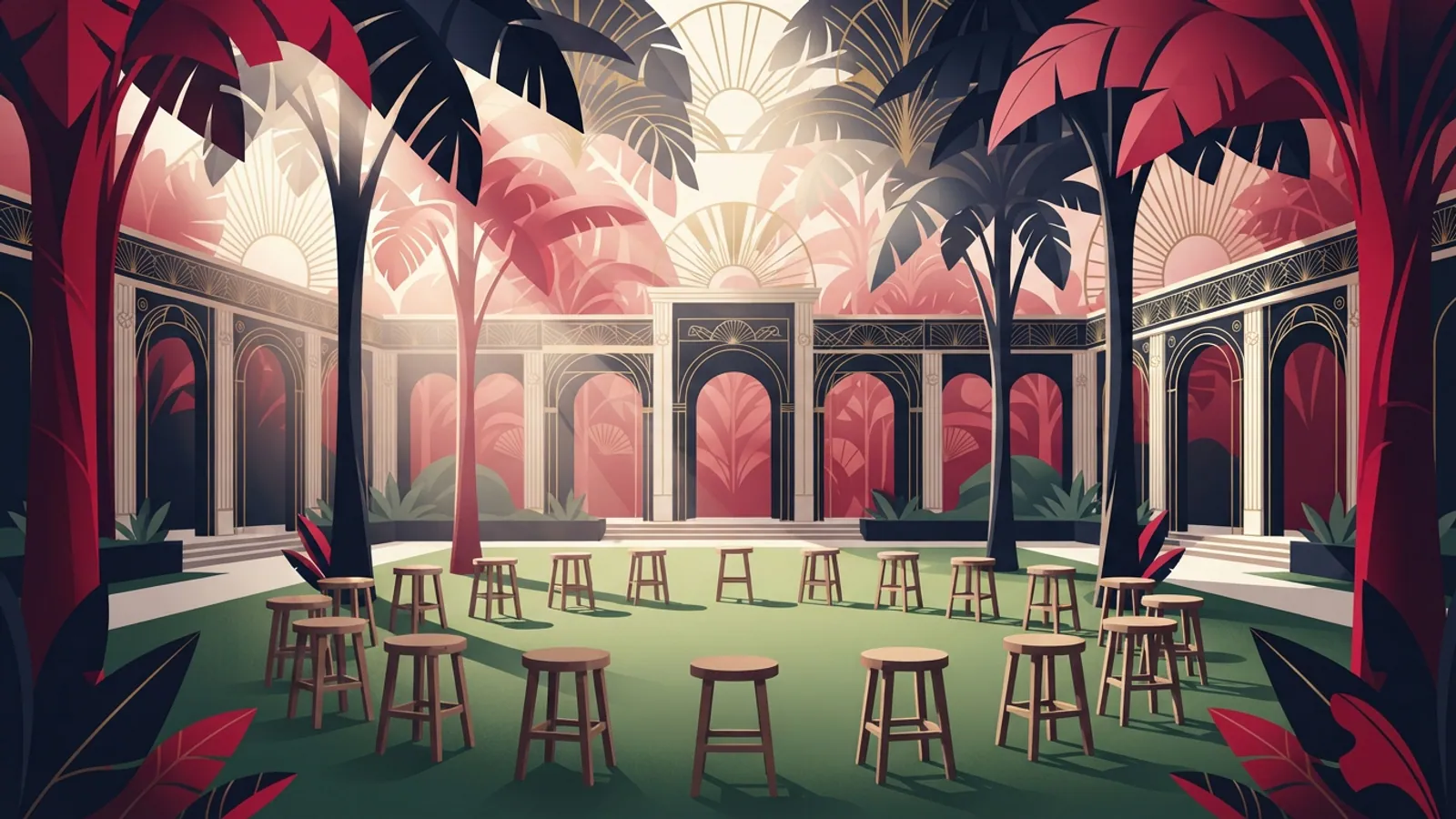An empty outdoor garden with plain wooden stools arranged in a circle under tropical trees.