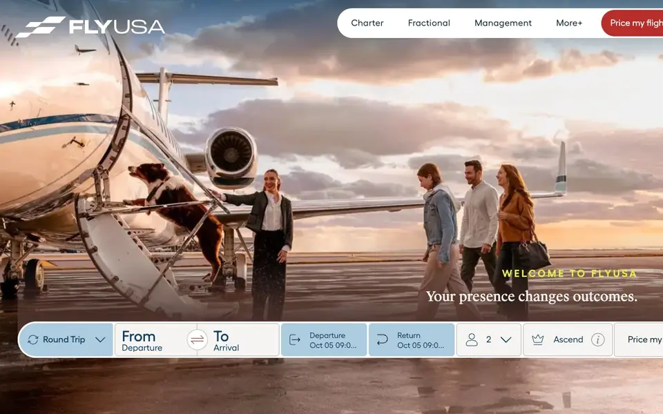 FlyUSA website homepage, 4 Oct 2026