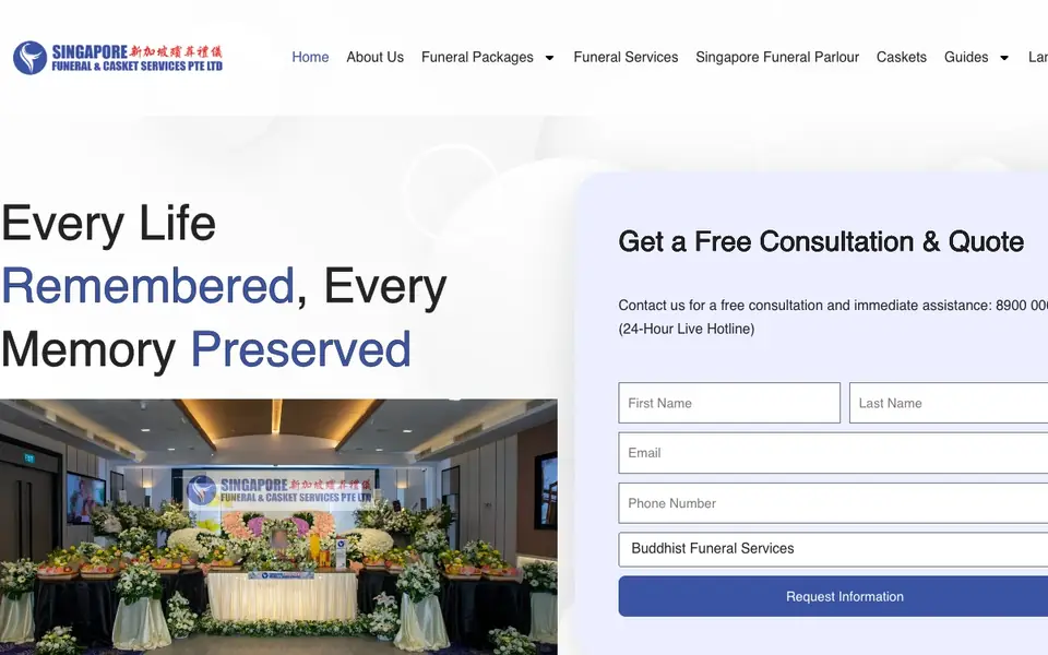 Singapore Funeral & Casket Services website homepage, 4 Oct 2026