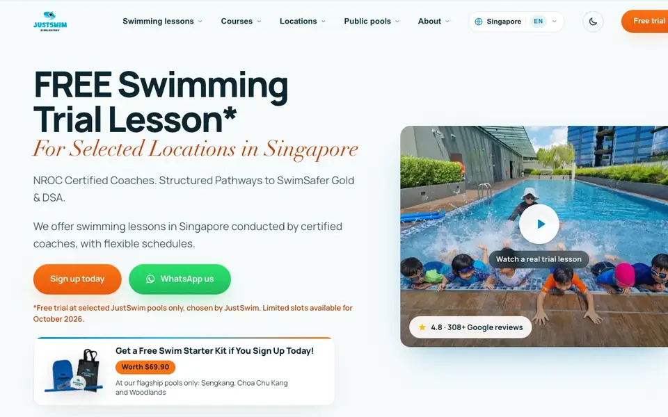 JustSwim Singapore website homepage, 4 Oct 2026