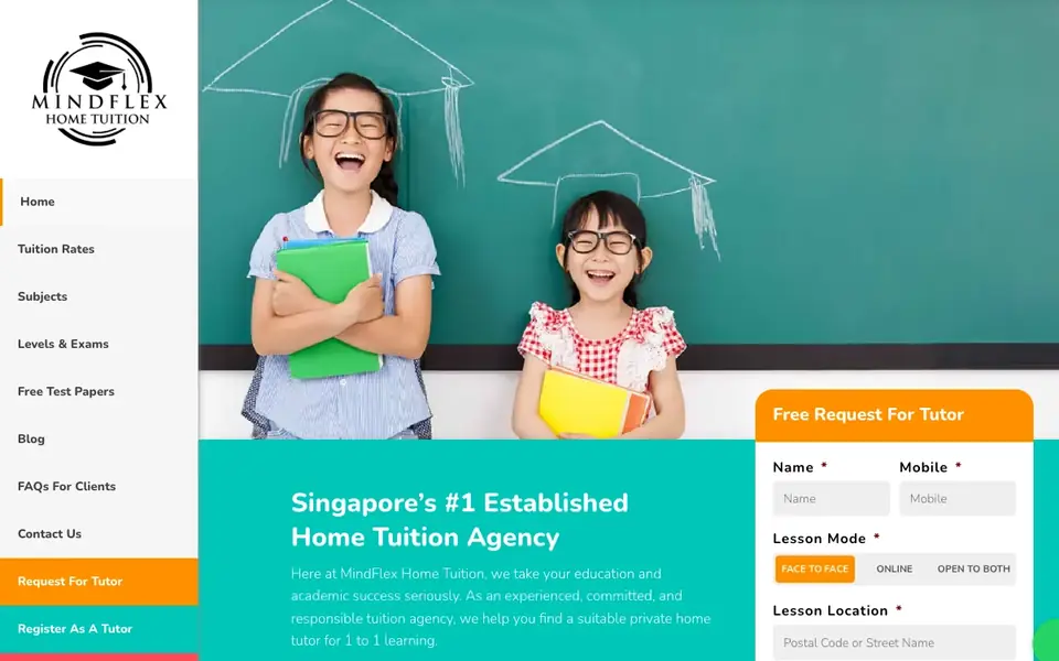 MindFlex Home Tuition website homepage, 4 Oct 2026